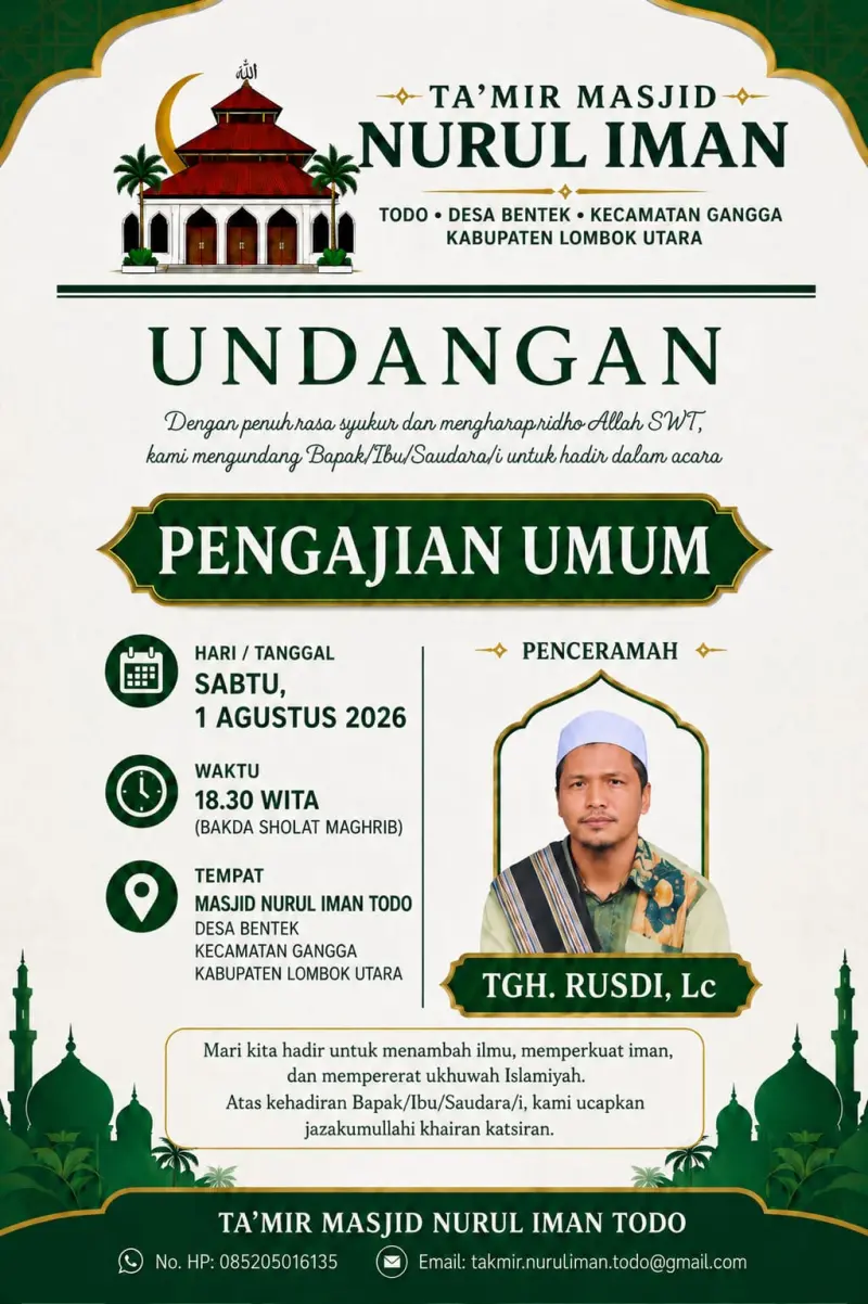 Pengajian Umum Rutin Pekan ke-4 digelar dimasjid Nurul Iman Todo.Mari hadir dan raih Keberkahan 